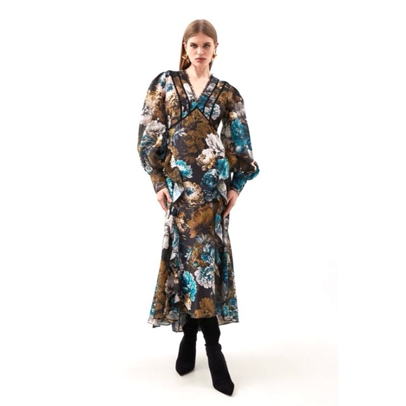 Karen Millen Dresses & Skirts - Karen Millen Whimsigoth Dress US 12 Black Blue Floral Ruffle Victorian Boho Maxi